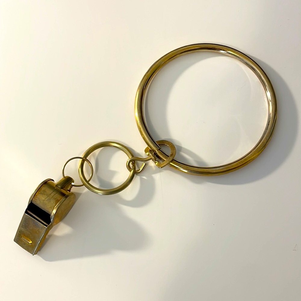Dead stock Mid Century Jailer’s Key Ring Holder Bracelet Brass Whistle